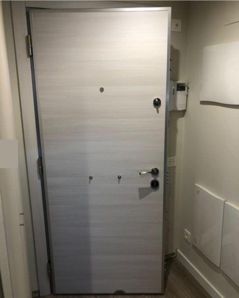 Puerta acorazada gris veteada con dos bombines