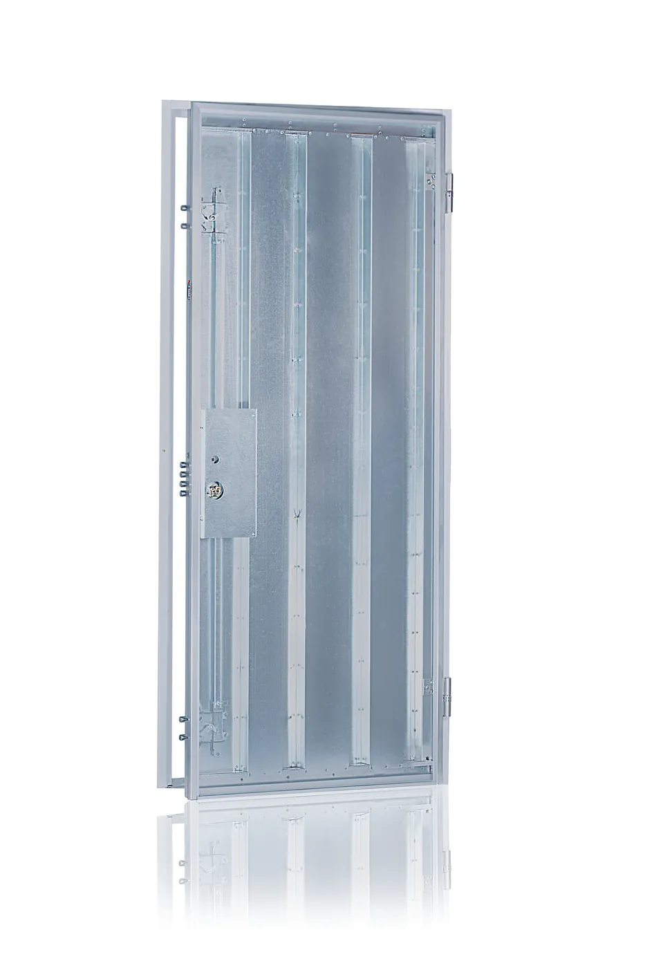 Estructura de acero galvanizado de la puerta acorazada CABMA Eco-Thor sin tableros, con refuerzos verticales, caja de cerradura, bisagras y marco