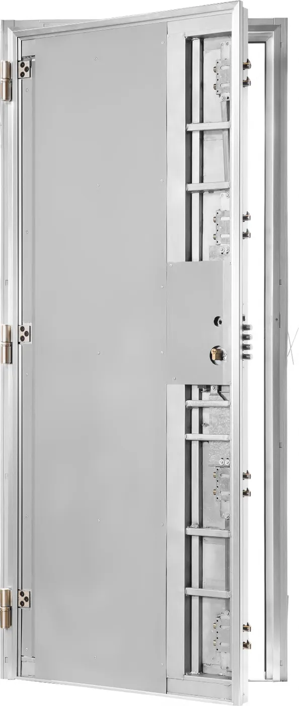 Hoja abierta de la puerta acorazada CABMA Premium 4C sin tableros, con bulones, antipalancas y marco