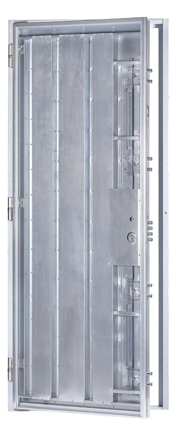 Puerta acorazada CABMA Thor 20 sin tableros: estructura de acero con refuerzos verticales, cerradura y marco