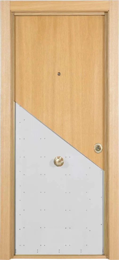 Puerta acorazada CABMA Thor 20 con el tablero de madera recortado en diagonal que deja ver la chapa de acero