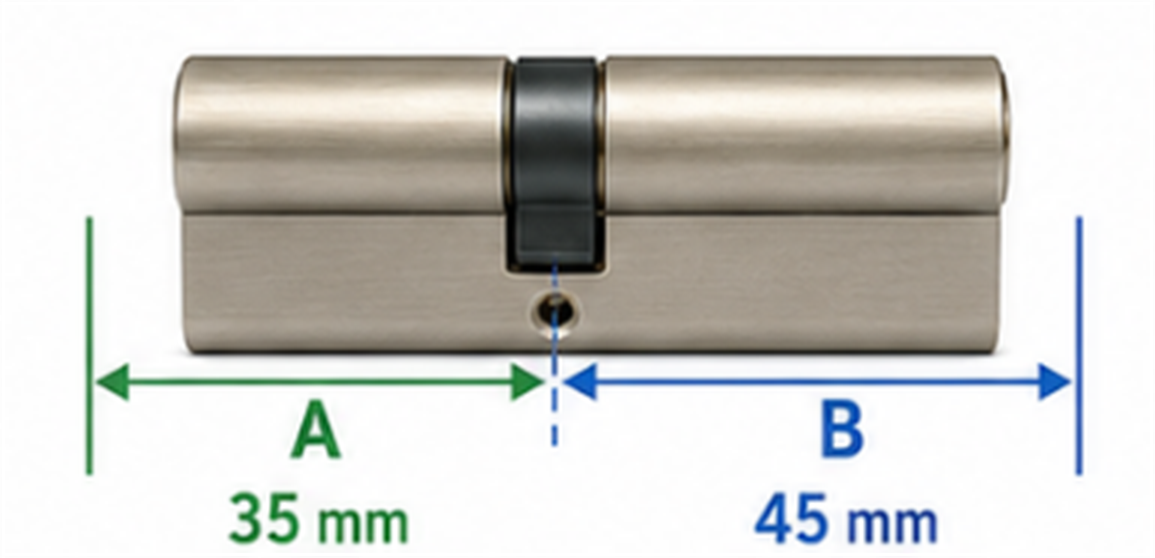 Cilindro de perfil europeo: medida A 35 mm desde el centro del tornillo hacia un extremo y medida B 45 mm hacia el otro.