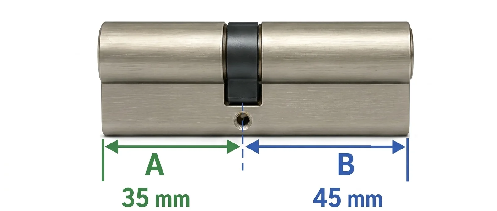Cilindro de perfil europeo: medida A 35 mm desde el centro del tornillo hacia un extremo y medida B 45 mm hacia el otro.