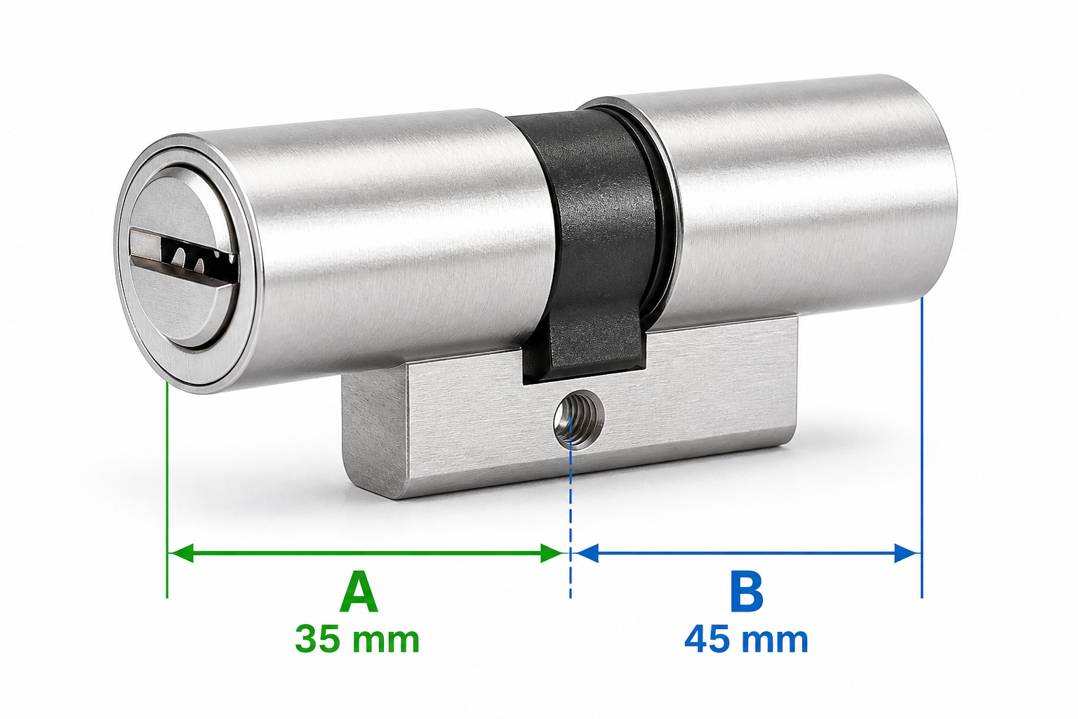 Bombín de perfil suizo: cuerpo redondo con zapata rectangular, leva negra central (no corona) y cotas A 35 mm y B 45 mm desde el tornillo.